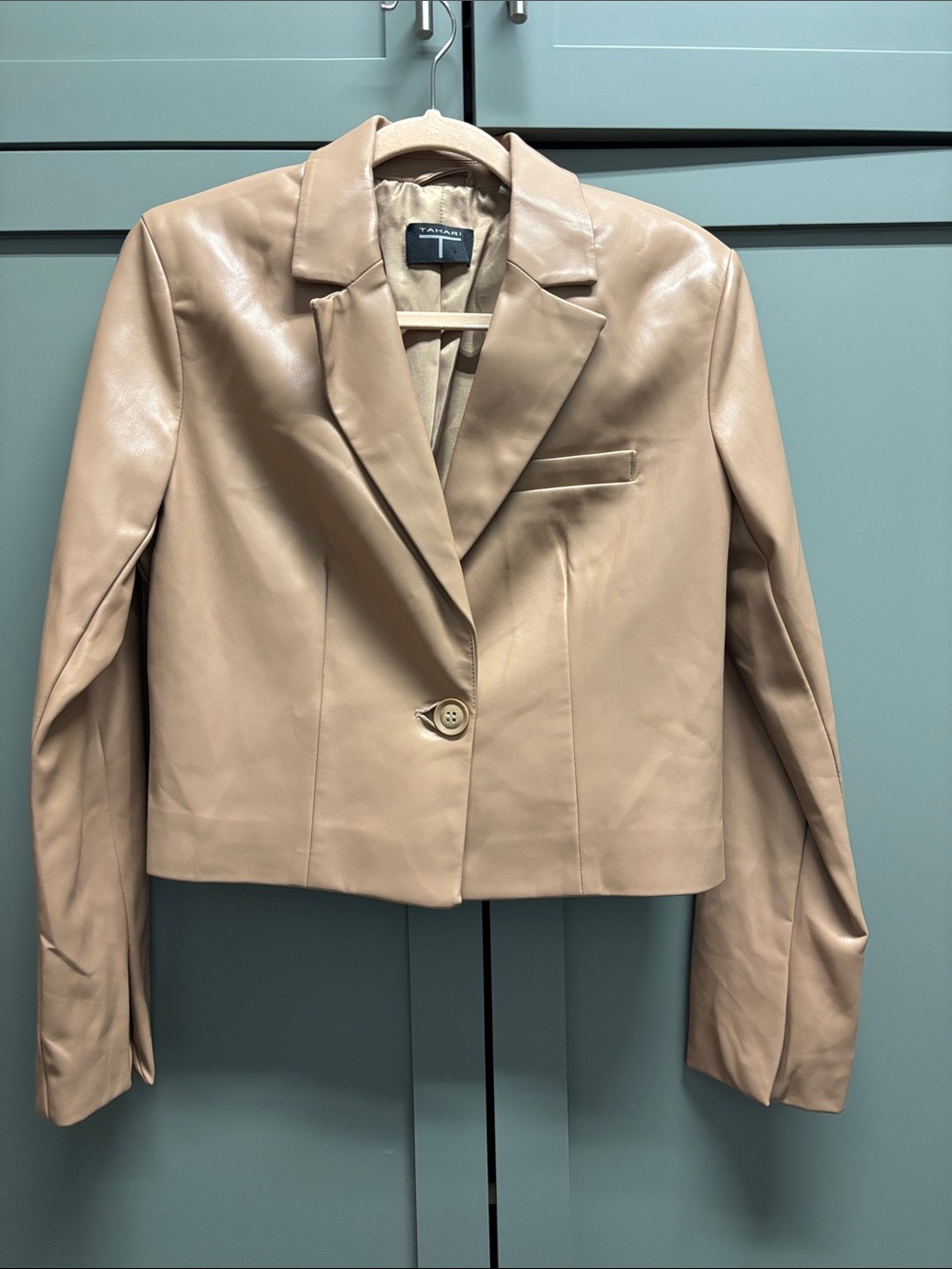 Tahari Nude Cropped Faux Leather Blazer